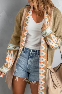 New Dear-Lover Aztec Print Open Front Knitted Cardigan Khaki