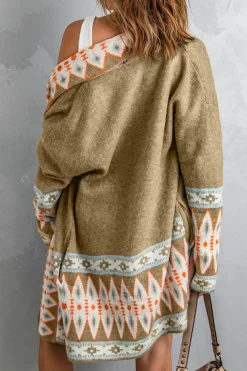 New Dear-Lover Aztec Print Open Front Knitted Cardigan Khaki