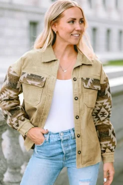 New Dear-Lover Aztec Print Patchwork Frayed Edge Corduroy Jacket Khaki