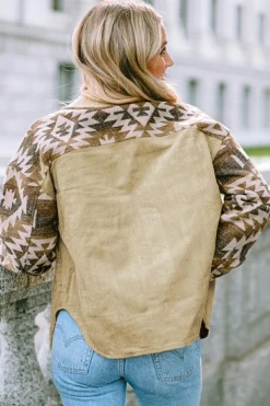 New Dear-Lover Aztec Print Patchwork Frayed Edge Corduroy Jacket Khaki