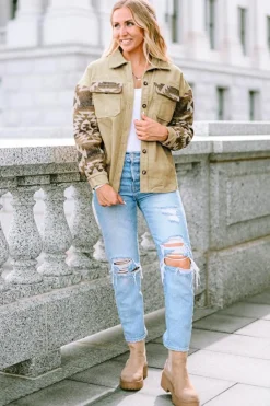 New Dear-Lover Aztec Print Patchwork Frayed Edge Corduroy Jacket Khaki