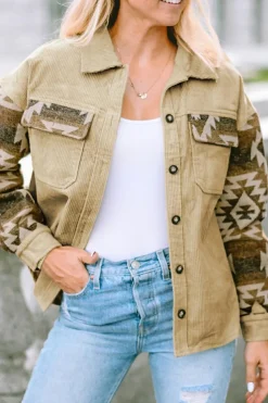 New Dear-Lover Aztec Print Patchwork Frayed Edge Corduroy Jacket Khaki