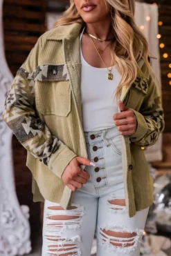 New Dear-Lover Aztec Print Patchwork Frayed Edge Corduroy Jacket Khaki