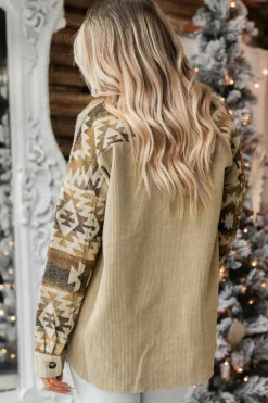 New Dear-Lover Aztec Print Patchwork Frayed Edge Corduroy Jacket Khaki