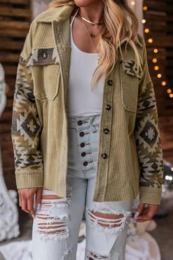 New Dear-Lover Aztec Print Patchwork Frayed Edge Corduroy Jacket Khaki