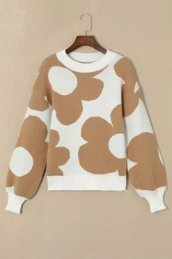 Hot Dear-Lover Big Flower Pattern Drop Shoulder Sweater Khaki