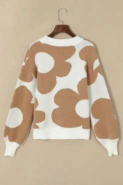 Hot Dear-Lover Big Flower Pattern Drop Shoulder Sweater Khaki