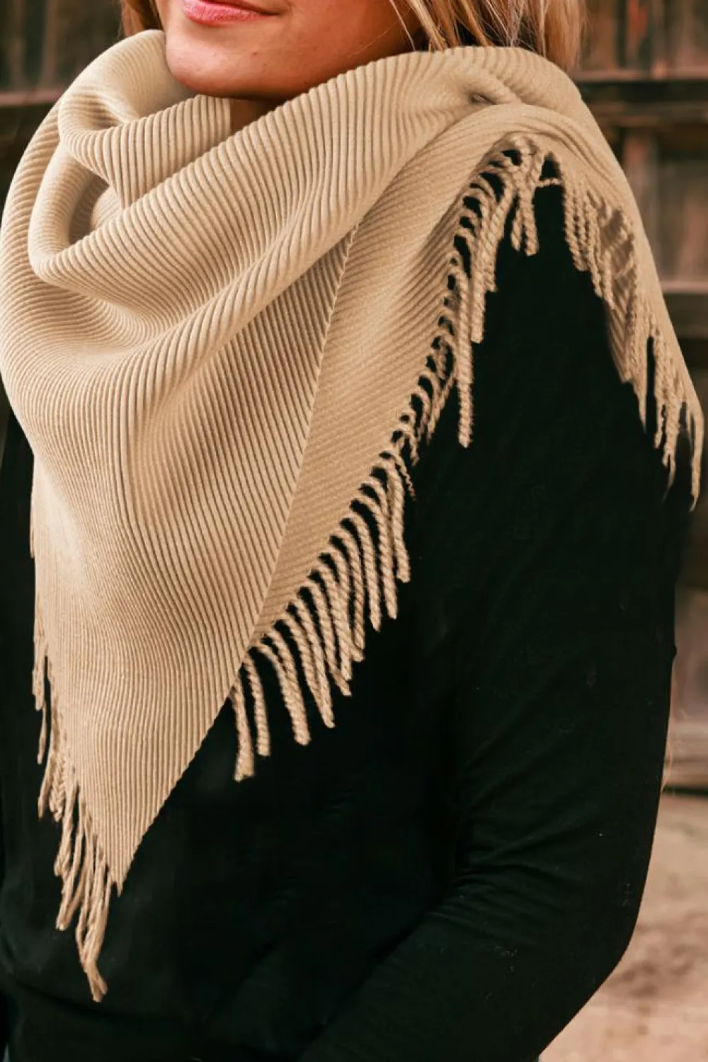 Online Dear-Lover Bohemian Fringe Trim Textured Scarf Khaki