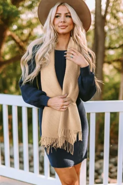 Online Dear-Lover Bohemian Fringe Trim Textured Scarf Khaki