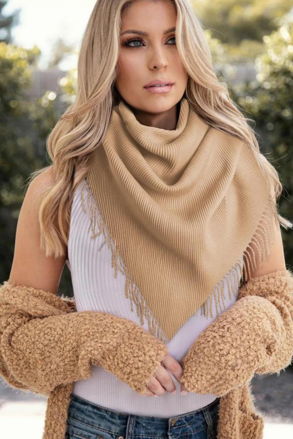 Online Dear-Lover Bohemian Fringe Trim Textured Scarf Khaki