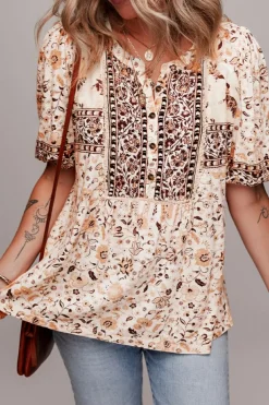 Online Dear-Lover Boho Floral Print Half Placket Short Sleeve Loose Blouse Khaki