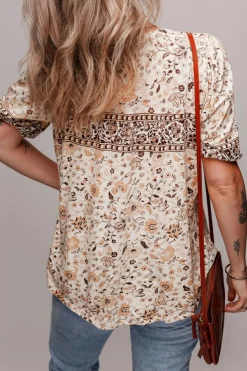 Online Dear-Lover Boho Floral Print Half Placket Short Sleeve Loose Blouse Khaki