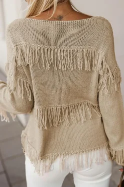 Fashion Dear-Lover Boho Tasseled Knitted Sweater Khaki