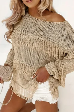 Fashion Dear-Lover Boho Tasseled Knitted Sweater Khaki