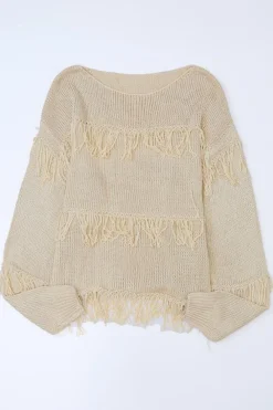 Fashion Dear-Lover Boho Tasseled Knitted Sweater Khaki