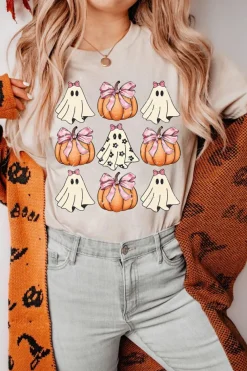 Fashion Dear-Lover Bowknot Ghost Pumpkin Graphic Halloween T Shirt Khaki