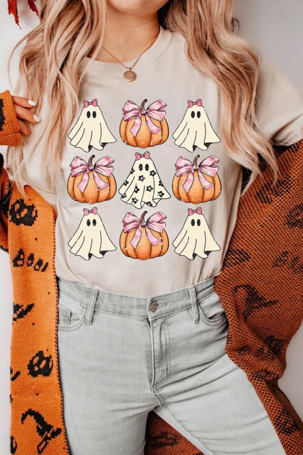 Fashion Dear-Lover Bowknot Ghost Pumpkin Graphic Halloween T Shirt Khaki