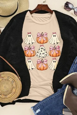 Fashion Dear-Lover Bowknot Ghost Pumpkin Graphic Halloween T Shirt Khaki