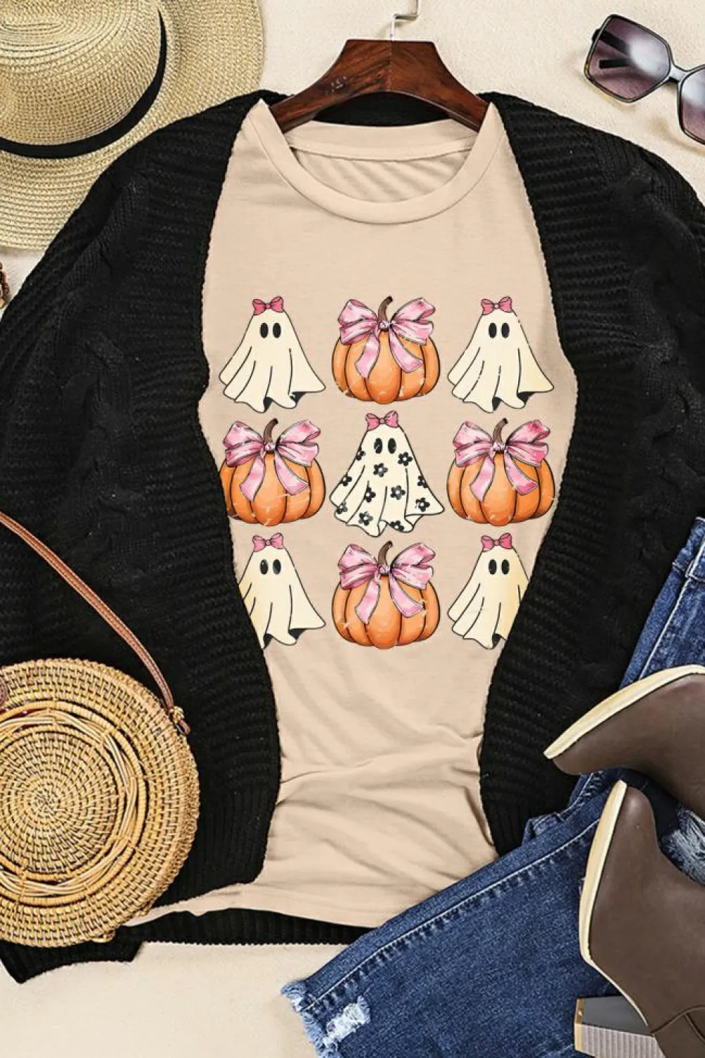 Fashion Dear-Lover Bowknot Ghost Pumpkin Graphic Halloween T Shirt Khaki