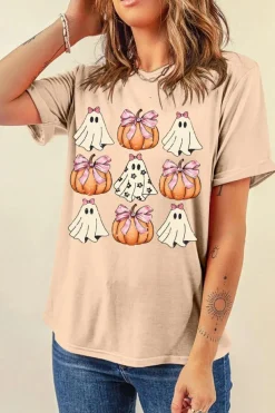 Fashion Dear-Lover Bowknot Ghost Pumpkin Graphic Halloween T Shirt Khaki