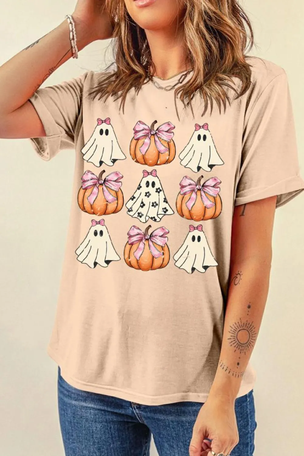 Fashion Dear-Lover Bowknot Ghost Pumpkin Graphic Halloween T Shirt Khaki