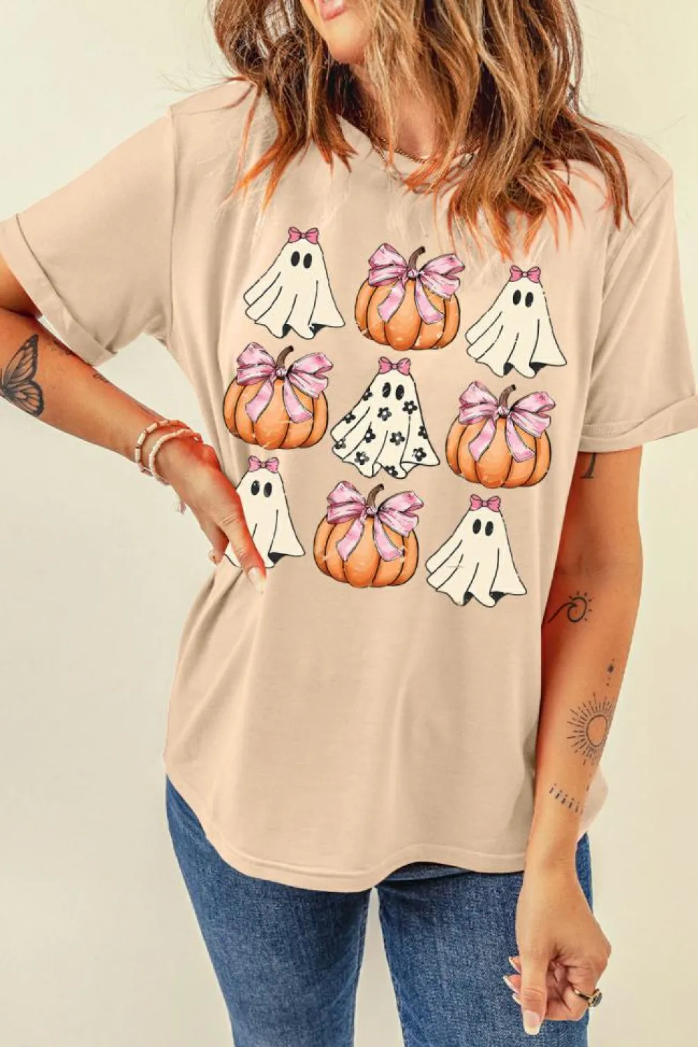 Fashion Dear-Lover Bowknot Ghost Pumpkin Graphic Halloween T Shirt Khaki
