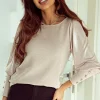 Clearance Dear-Lover Buttoned Cuffs Shiny Puff Sleeves Top Khaki