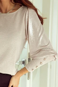 Clearance Dear-Lover Buttoned Cuffs Shiny Puff Sleeves Top Khaki