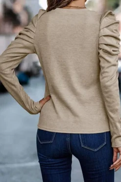 Discount Dear-Lover Buttoned Puff Long Sleeve Sheath Top Khaki