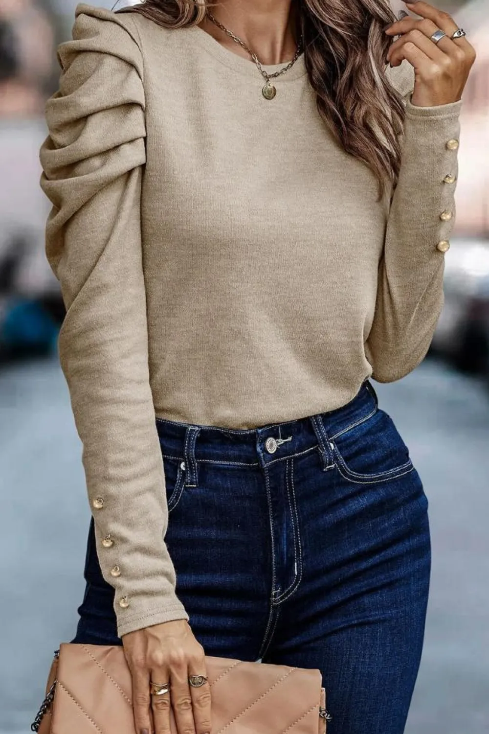 Discount Dear-Lover Buttoned Puff Long Sleeve Sheath Top Khaki