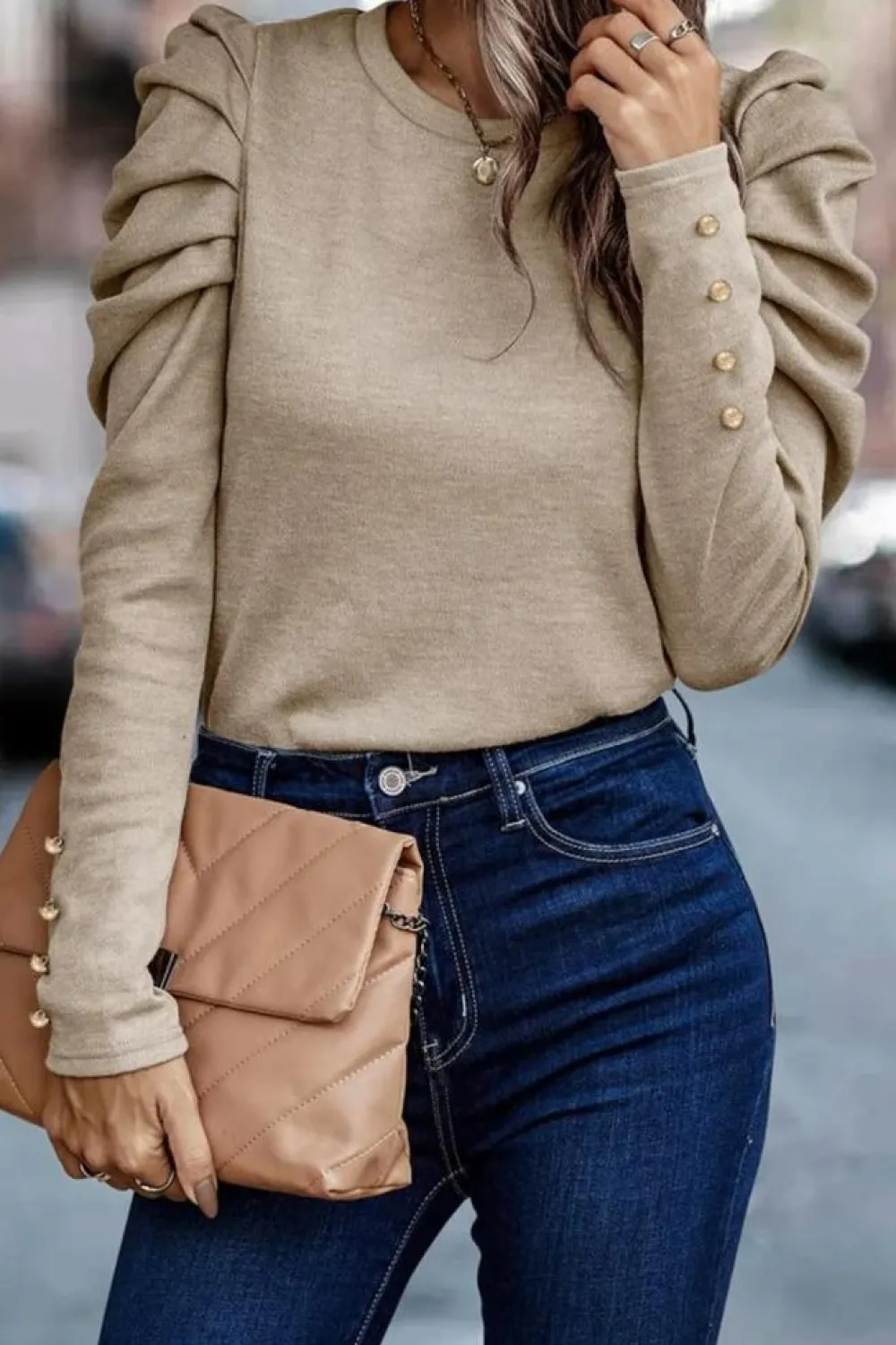 Discount Dear-Lover Buttoned Puff Long Sleeve Sheath Top Khaki