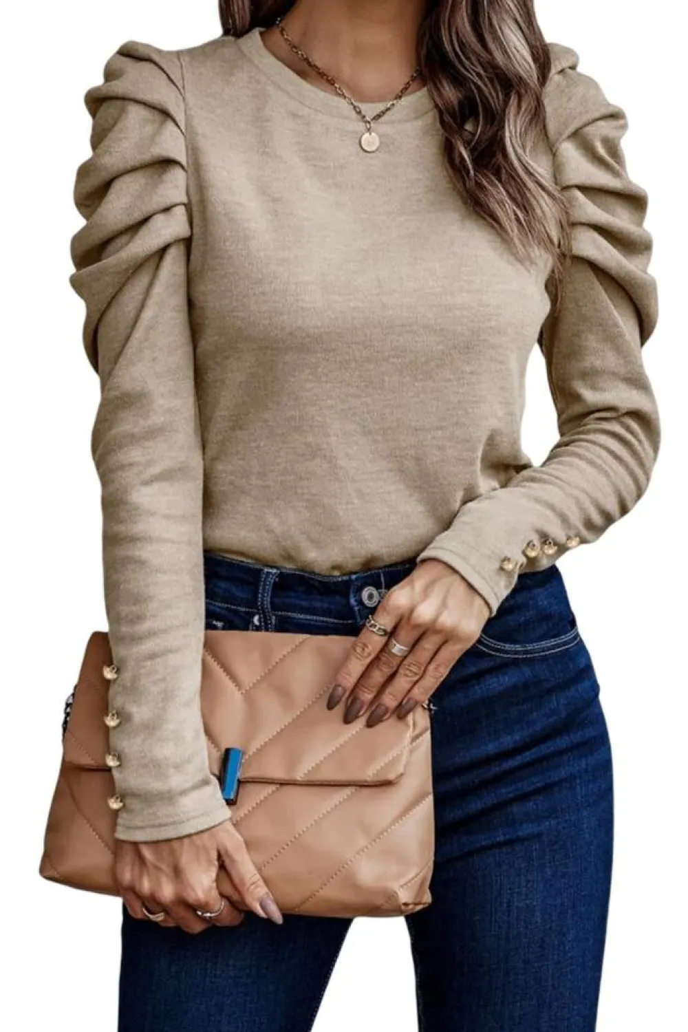 Discount Dear-Lover Buttoned Puff Long Sleeve Sheath Top Khaki