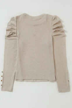 Discount Dear-Lover Buttoned Puff Long Sleeve Sheath Top Khaki