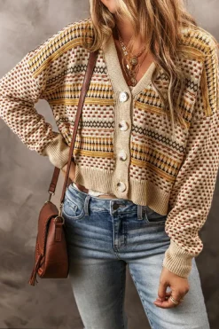 Discount Dear-Lover Buttoned V Neck Cropped Cardigan Khaki