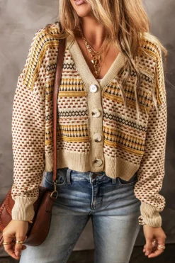 Discount Dear-Lover Buttoned V Neck Cropped Cardigan Khaki