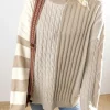 Best Dear-Lover Cable Knit Colorblock Crew Neck Drop Shoulder Sweater Khaki