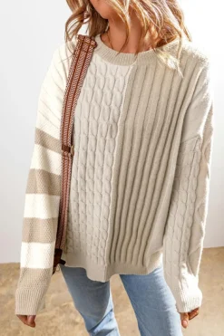 Best Dear-Lover Cable Knit Colorblock Crew Neck Drop Shoulder Sweater Khaki