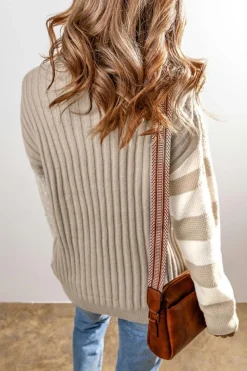 Best Dear-Lover Cable Knit Colorblock Crew Neck Drop Shoulder Sweater Khaki