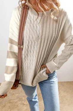 Best Dear-Lover Cable Knit Colorblock Crew Neck Drop Shoulder Sweater Khaki