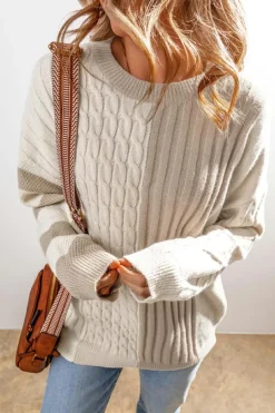 Best Dear-Lover Cable Knit Colorblock Crew Neck Drop Shoulder Sweater Khaki