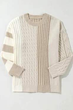 Best Dear-Lover Cable Knit Colorblock Crew Neck Drop Shoulder Sweater Khaki