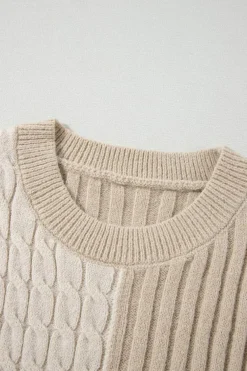 Best Dear-Lover Cable Knit Colorblock Crew Neck Drop Shoulder Sweater Khaki