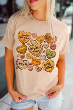 Clearance Dear-Lover Candy Heart Thanksgiving Graphic Tee Khaki
