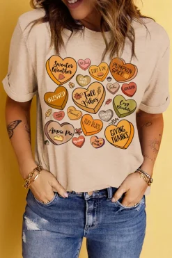 Clearance Dear-Lover Candy Heart Thanksgiving Graphic Tee Khaki
