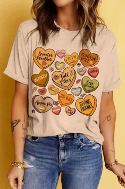 Clearance Dear-Lover Candy Heart Thanksgiving Graphic Tee Khaki