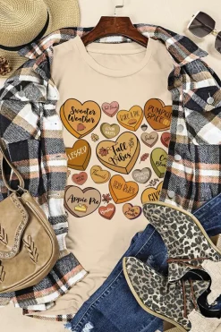 Clearance Dear-Lover Candy Heart Thanksgiving Graphic Tee Khaki