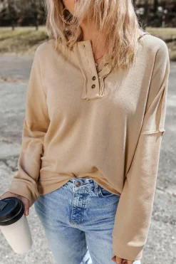Online Dear-Lover Casual Button Solid Patchwork Trim Hoodie Khaki