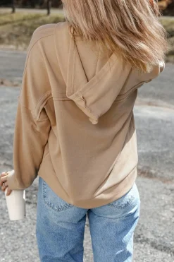 Online Dear-Lover Casual Button Solid Patchwork Trim Hoodie Khaki