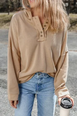 Online Dear-Lover Casual Button Solid Patchwork Trim Hoodie Khaki