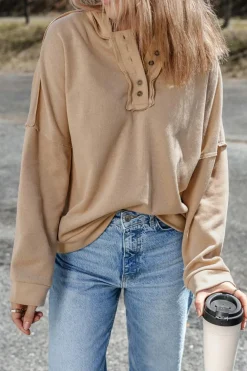 Online Dear-Lover Casual Button Solid Patchwork Trim Hoodie Khaki